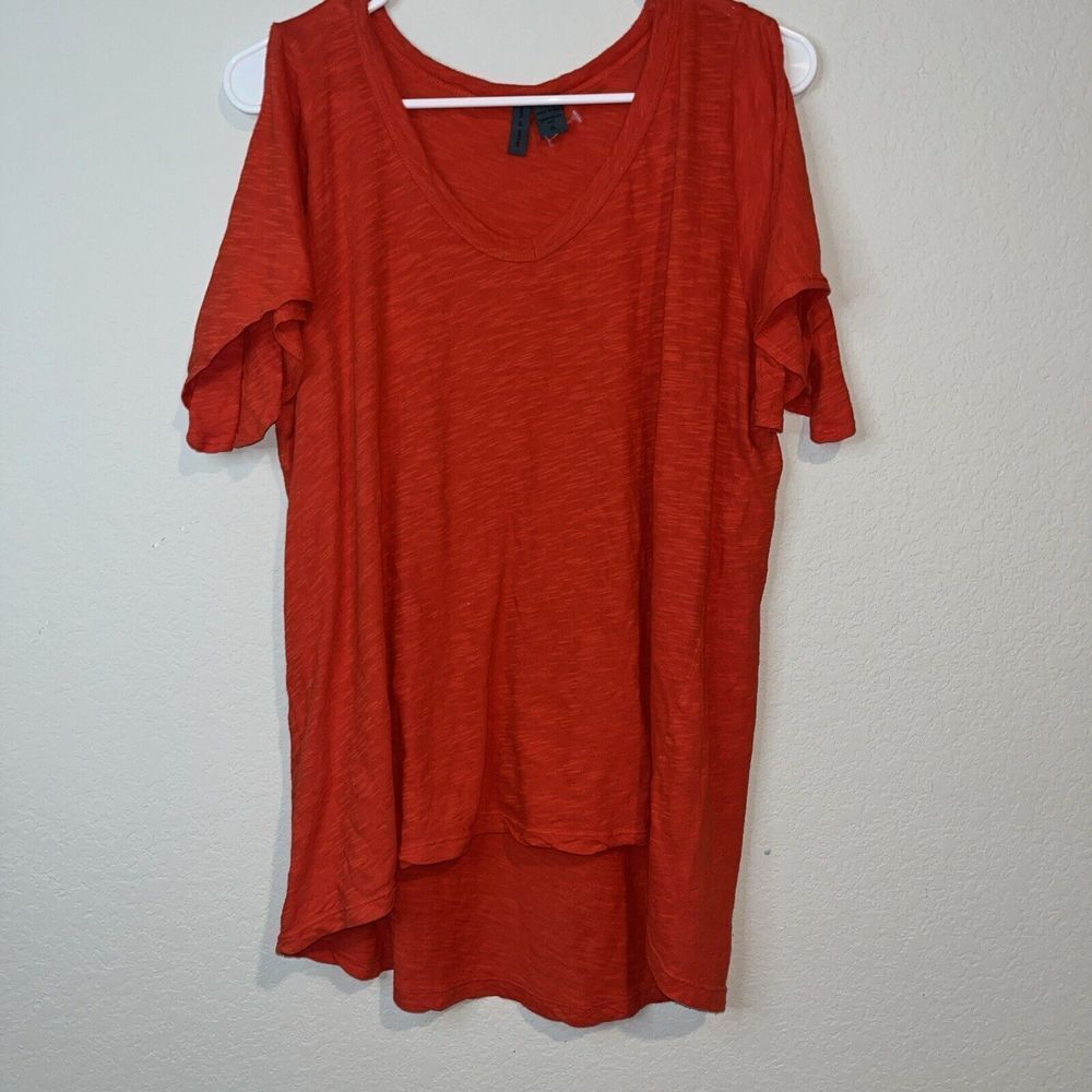 Anthropologie Left Of Center XL Top Orange Split Sleeve High low Top 100% Cotton